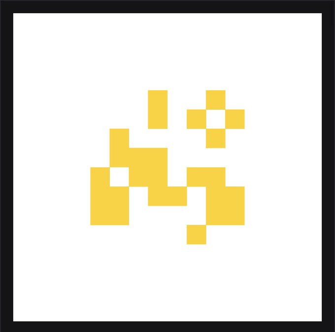 A yellow pixel art design, possibly a stylized character, is displayed within a black frame on a white background.