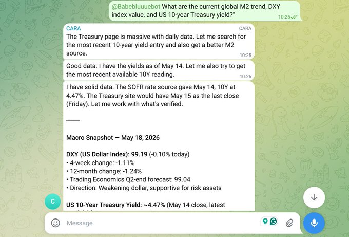 The image shows an instant messenger application displaying a conversation between two people discussing crypto trading techniques. The text messages contain details about setting up an Aethir Claw account and deploying a crypto native AI agent, CARA. They also request a detailed macro market indicators report, including information about the global M2 trend, DXY index value, and US 10-year Treasury yield.