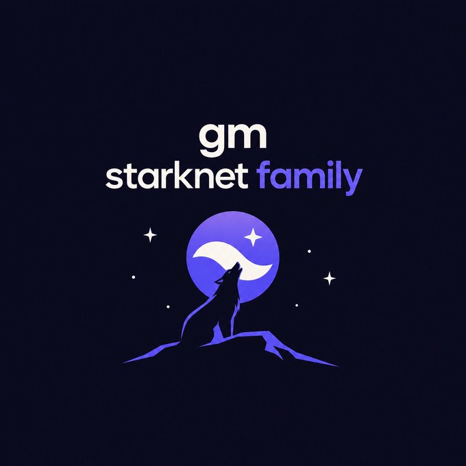 A graphic with a dark background featuring the text 'gm starknet family' above an illustration of a wolf howling at a crescent moon, surrounded by stars.
