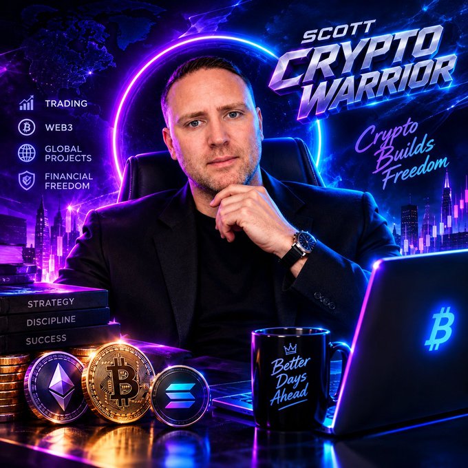 A man labeled "SCOTT CRYPTO WARRIOR" poses confidently at a desk surrounded by Bitcoin, Ethereum, and Solana coins, with his laptop displaying the Bitcoin logo and a coffee mug reading "Better Days Ahead." The neon-lit crypto branding aligns with his post inviting followers to suggest tickers for him to research and chart, reinforcing his identity as a crypto trading influencer ready to analyze community-submitted projects.