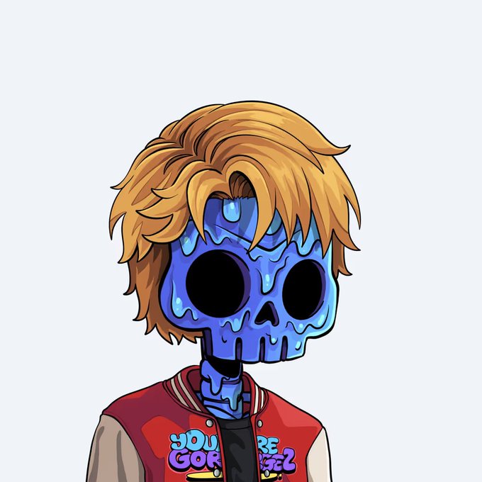 A cartoon character with a blue melting skull face, blonde hair, and a red varsity jacket reading "YOU GORGEZ" is featured to promote a giveaway for the @DedGorgez NFT collection, matching the post's announcement of an upcoming contest requiring follows, likes, and a favorite collection piece.