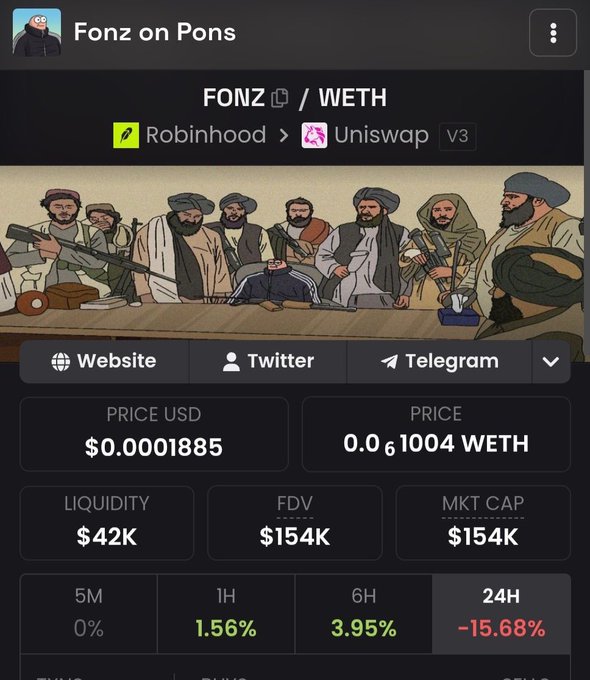 A screenshot of the $FONZ token page on DexScreener showing a $154K market cap, $42K liquidity, and a 24H decline of -15.68%, paired with an illustration of armed figures at a table. The image supports the post's claim of bidding on the $FONZ meme within the $PONS ecosystem, highlighting its absurd, instantly recognizable nature with no complex thesis needed.
