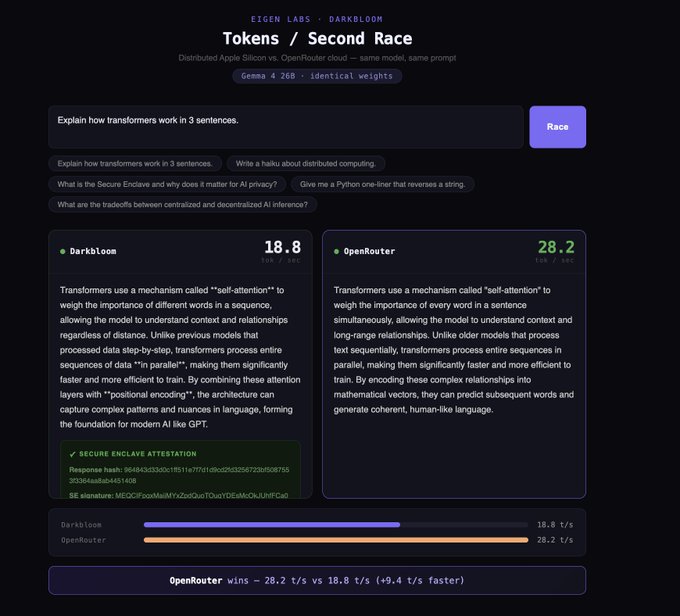 The image shows a screenshot of a computer screen with a website called "Darkbloom.dev" displayed at the top, along with a description of the site's purpose as being focused on "speed up your inference process". The image also contains text that reads "Explain how transformers work 3 sentences", which suggests that the image is related to a tutorial or guide about machine learning and inference processes.