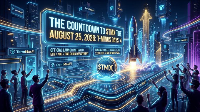 A vibrant futuristic cityscape scene for 'TermMaxFi' with a central countdown display reading 'THE COUNTDOWN TO $TMX TGE AUGUST 25, 2026: T-MINUS DAYS: 4,' noting 'BINANCE WALLET BOOSTER LIVE 2,000,000 $TMX REWARD POOL,' surrounded by crowds of people looking up at a glowing rocket.