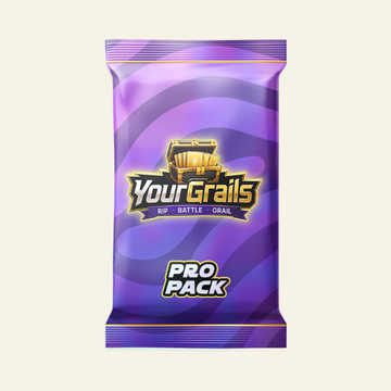 A purple foil pack graphic for 'YourGrails' featuring 'PRO PACK' text and a treasure chest logo, indicating it's for NFT, Battle, and Grail purposes.