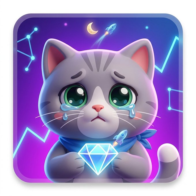 An app icon displays a tearful cartoon kitten wearing a blue bandana and holding a glowing blue diamond, set against a purple cosmic background with constellations and a rocket.