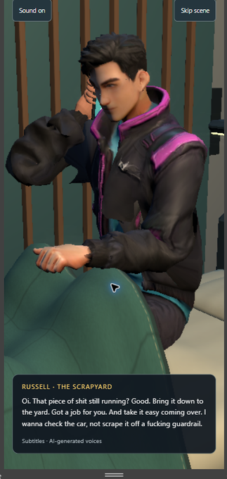 A screenshot from a mobile video game showing a male character in a black and purple jacket on the phone, with dialogue text from 'RUSSELL · THE SCRAPYARD' about a job involving a piece of shit.