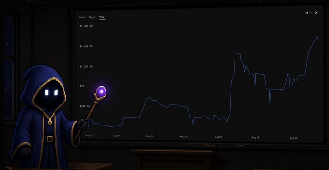 A pixel-art hooded figure with glowing white eyes holds a glowing purple staff, standing next to a large monitor displaying a rising blue sales chart.