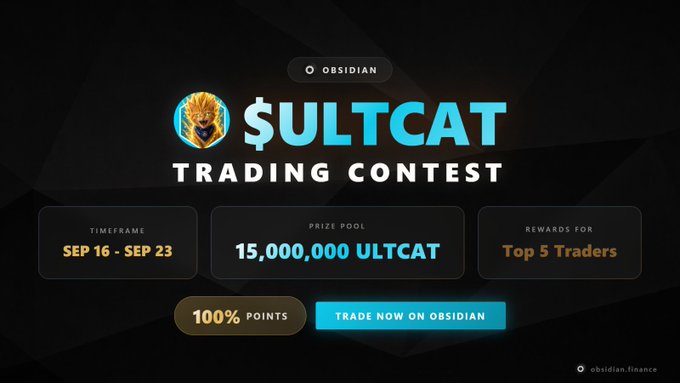 A promotional graphic for a '$ULTCAT Trading Contest' on Obsidian, featuring a prize pool of 15,000,000 ULTCAT, running from Sep 16 - Sep 23, with rewards for the top 5 traders.