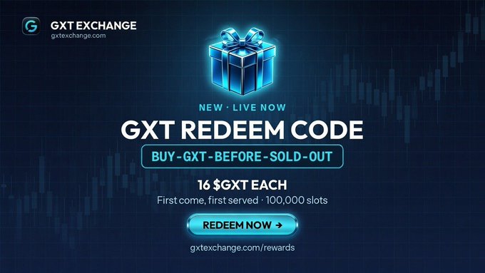 A promotional graphic for GXT Exchange featuring a glowing blue gift box, advertising a new GXT redemption code "BUY-GXT-BEFORE-SOLD-OUT" at 16 $GXT each with 100,000 slots available on a first-come, first-served basis, linking to gxtexchange.com/rewards.