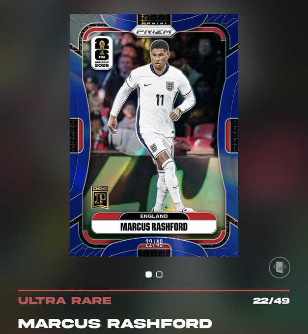 An 'ULTRA RARE' digital trading card (22/49) from the 'PRIZM World Cup 2026' series featuring English soccer player Marcus Rashford in his England #11 jersey.