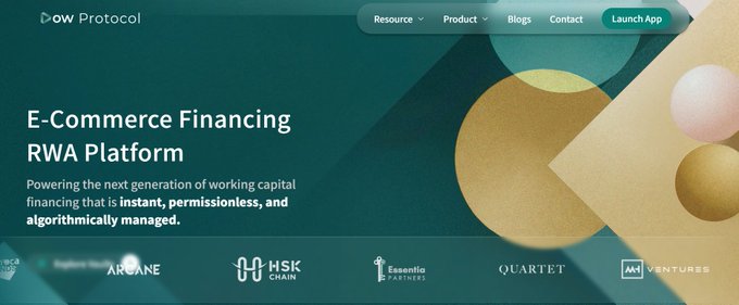A webpage for 'Pow Protocol', an 'E-Commerce Financing RWA Platform' described as powering next-generation working capital financing that is instant, permissionless, and algorithmically managed, with backing from partners like ARCANE, HSK Chain, Essentio Partners, QUARTET, and MH Ventures.
