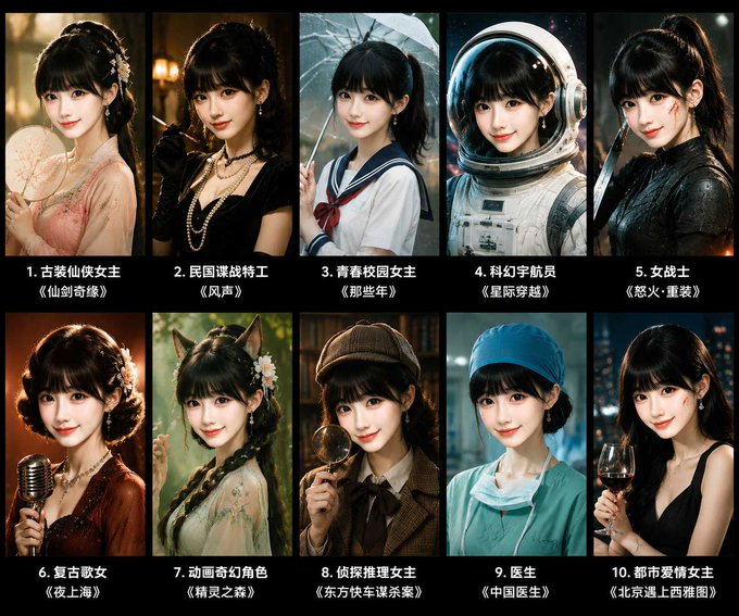 A grid displaying ten AI-generated portraits of a young woman in various costumes, labeled in Chinese with themes like ancient fairy, Republican spy, schoolgirl, astronaut, warrior, retro singer, anime fox girl, detective, doctor, and urban lover.