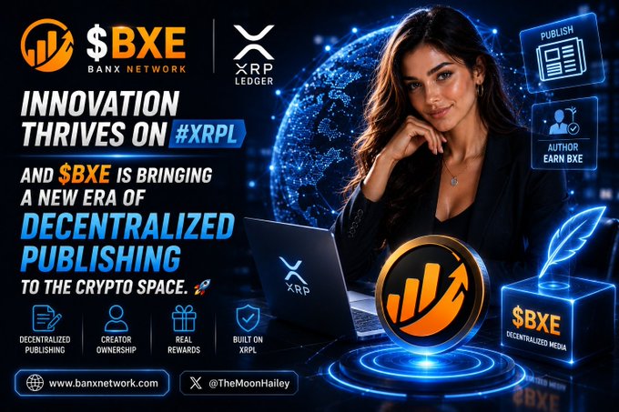 A promotional banner features a woman with a laptop and XRP/XRPL graphics, announcing "$BXE" (BanX Network) as a new decentralized publishing platform built on the XRP Ledger, with text reading "Innovation thrives on #XRPL" alongside icons highlighting decentralized publishing, creator ownership, real rewards, and a call to action to buy BXE on MEXC via @BanXchange.