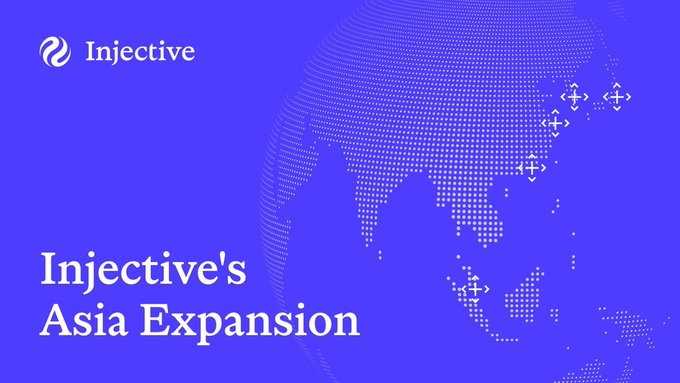 A promotional graphic for Injective's 'Asia Expansion' featuring a dotted globe graphic focused on Asia with crosshair markers, set on a blue background.