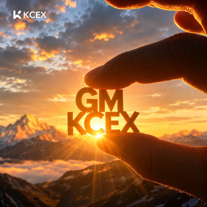 A promotional graphic for 'GM KCEX' cryptocurrency exchange, showing two hands forming a heart shape against a sunset mountain landscape with the KCEX logo in the corner.