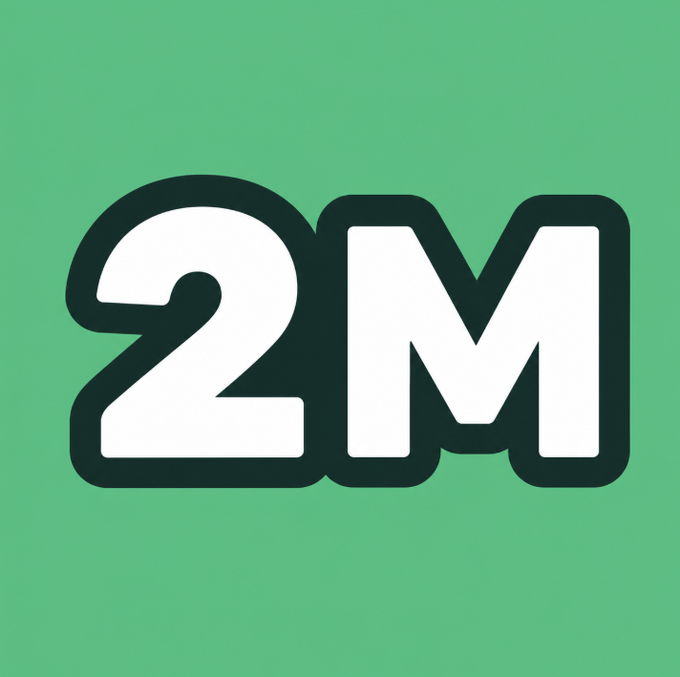 The image features a green background with white text that reads "2M" written in bold black letters. The text is positioned at the center of the image, making it the focal point. There are no other objects or elements present in the image apart from the green background and the white text.