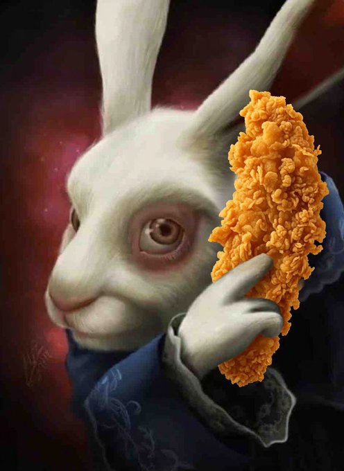A digital painting of a white rabbit in a blue coat holding a piece of fried chicken next to its face against a dark red background.