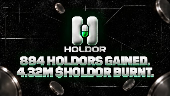 A promotional graphic for 'HOLDOR' announces '894 Holdors Gained, 4.32M $Holdor Burnt' with a metallic lock icon on a textured dark background.