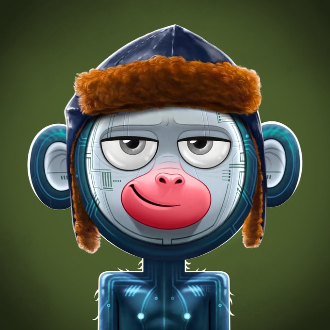 A 3D-rendered monkey character with a robotic, cybernetic face wearing a blue and brown fur-lined trapper hat, set against a dark green background.
