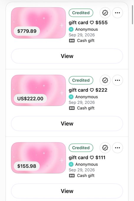 A screenshot showing three anonymous cash gift transactions credited to an account: $779.89, US$222.00, and $155.98, all dated Sep 29, 2026.