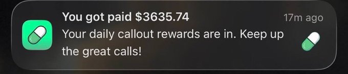 A notification from a green and white pill-shaped app icon reads "You got paid $3635.74" with the subtitle "Your daily callout rewards are in. Keep up the great calls!" timestamped "17m ago," illustrating the author's post about earning four figures through the new PumpFun callouts feature.
