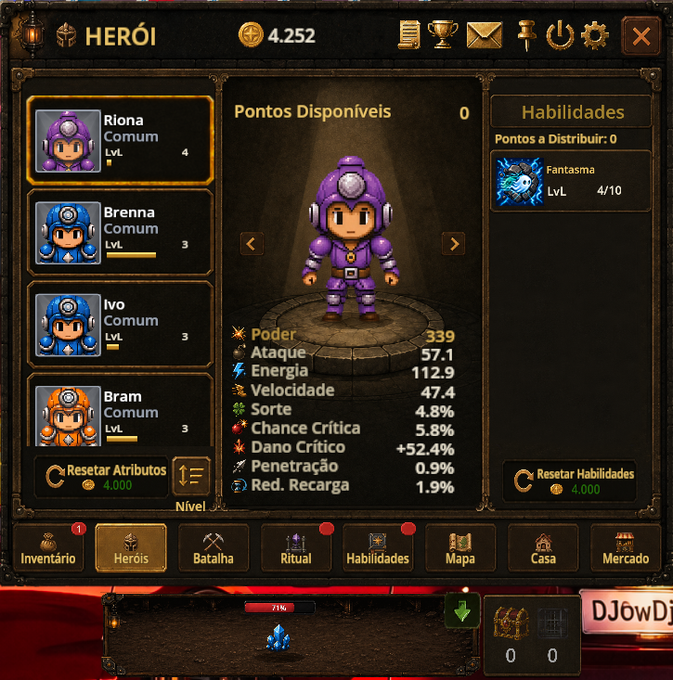 A "HERÓI" (Hero) menu screen from a game shows four common heroes (Riona, Brenna, Ivo, Bram), each at Lvl. 3-4, with the selected purple-clad Riona displaying 339 Power, 57.1 Attack, and various stats like 4.8% Luck and +52.4% Critical Damage, reflecting the player's collection of common-tier characters as mentioned in the post about testing the Bomb Crypto Steam beta.