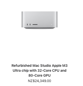 A product listing image for a 'Refurbished Mac Studio Apple M3 Ultra chip with 32-Core CPU and 80-Core GPU' priced at NZ$24,349.00.