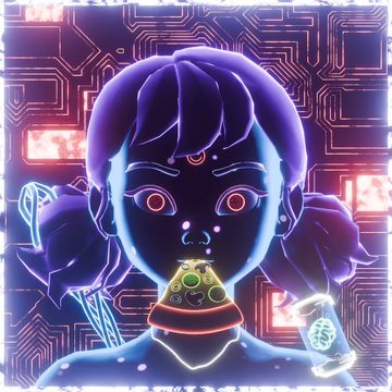 A neon-lit anime-style girl with pigtails eats a slice of pizza against a vibrant cyberpunk circuit board backdrop, complementing the post's praise of @NeonSoulsOS for its unique and original crypto art.