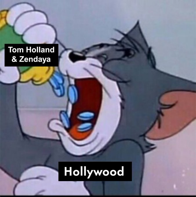 The image is a Tom and Jerry meme showing Tom the cat desperately spraying water into his mouth, with text labeling the water source as "Tom Holland & Zendaya" and Tom as "Hollywood." 

The caption humorously contrasts the meme with the post's content: while the post discusses crypto airdrops and staking fatigue, the meme satirizes how Hollywood celebrities (Tom Holland and Zendaya) are apparently "draining" or consuming everything from the entertainment industry, suggesting Hollywood's output is as desperate and thirst-driven as Tom's water-gulping expression.