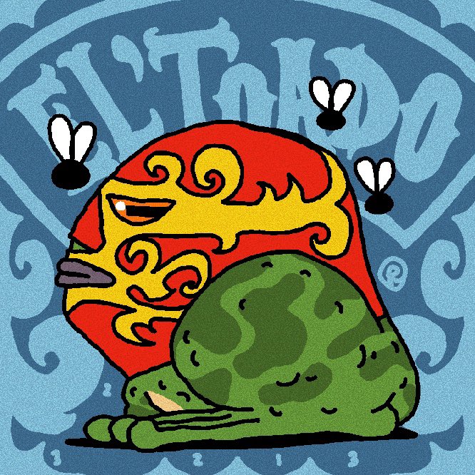 Cartoon illustration of a red and gold Daruma doll sitting behind a large green warty toad, with flies buzzing around, set against a blue patterned background with "Viction" text.