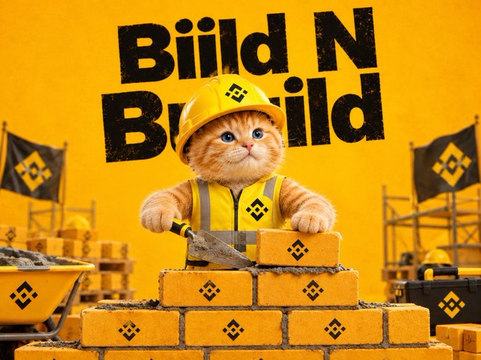 A construction-themed Binance meme featuring a kitten in a yellow hard hat and high-vis vest laying bricks, with the playful "Build N Build" pun echoing the post's reference to Binance's viral builder cat mascot.