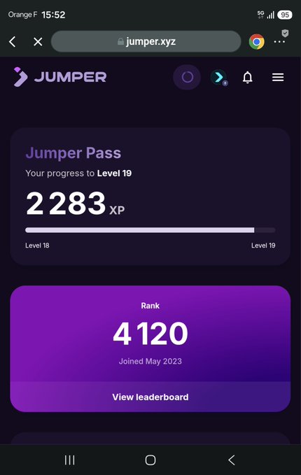 A screenshot of the Jumper.xyz profile page showing "2283 XP" progress toward Level 19 and a rank of 4120, joined May 2023. The image humorously contrasts the user's modest XP progress with the post's exaggerated claim of a "$22,830 airdrop," implying the actual earnings are far less than hyped.