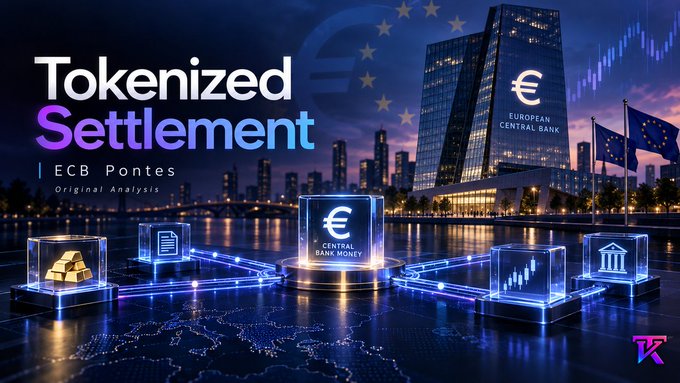 A graphic titled 'Tokenized Settlement - ECB Pontes - Original Analysis' features the European Central Bank building with floating digital icons representing currency, gold, documents, and stock charts.