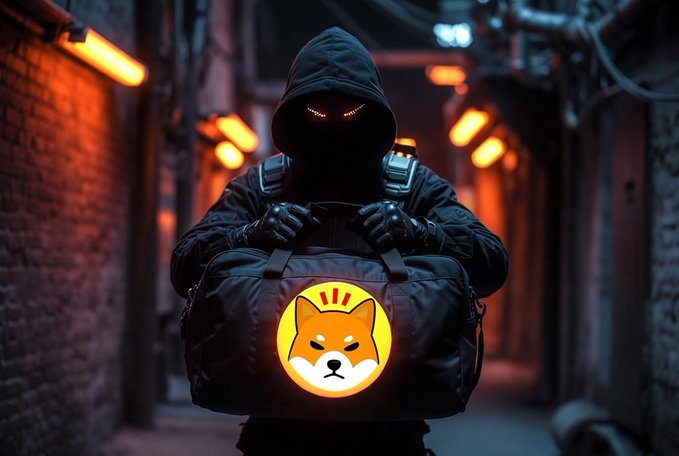 A hooded figure with glowing eyes clutches a black bag emblazoned with the Shiba Inu Bonk (BONK) logo, standing in a dimly lit alleyway—an ominous visual metaphor for the $4.4 million BonkDAO governance exploit referenced in the post.