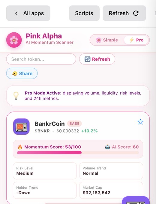 A screenshot of the "Pink Alpha" AI Momentum Scanner app showing token metrics for BankrCoin ($BNKR) with a price of $0.000332 (+10.2%), Momentum Score of 53/100, and Market Cap of $32,183,542.