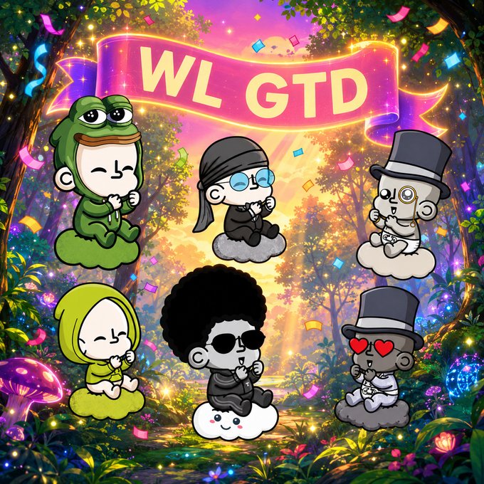 A colorful digital artwork featuring six cartoon characters sitting on clouds in a magical forest, with a banner displaying "WL GTD" at the top, promoting a guaranteed whitelist opportunity for the TOTZ project with a 48-hour deadline.