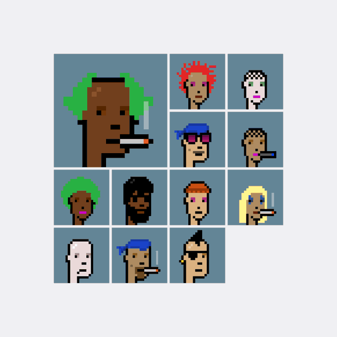 A grid of pixel art portraits features stylized characters with various skin tones, hair colors (including green, red, blue, and blonde), and accessories like sunglasses, with several smoking cigarettes.