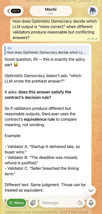 A chat interface with bot 'Mochi' explaining how 'Optimistic Democracy' uses an equivalence rule to compare meaning rather than wording when validators produce different outputs.