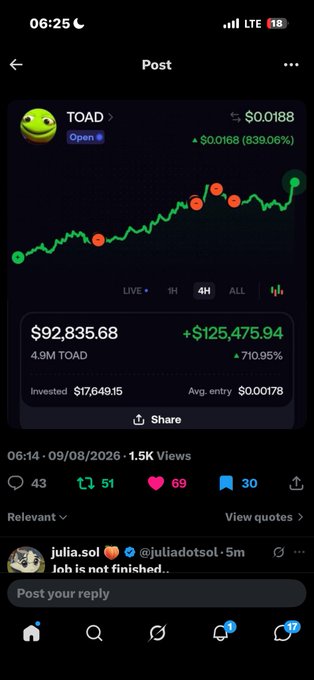 Mobile screenshot of a crypto post for token 'TOAD' showing a price of $0.0188, up 839.06%, with a chart, portfolio value of $92,835.68 (up 710.95%), and engagement metrics on a social feed.