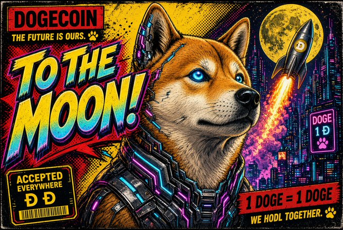 A retro-style poster featuring a cybernetic Shiba Inu dog with the text 'DOGECOIN THE FUTURE IS OURS', 'TO THE MOON!', 'ACCEPTED EVERYWHERE', and '1 DOGE = 1 DOGE WE HODL TOGETHER' next to a launching rocket.