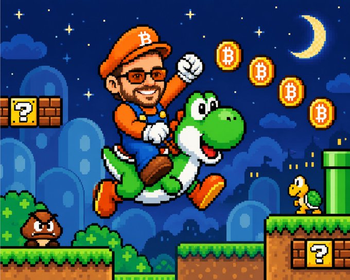 A pixel art illustration shows a character resembling Charles Hoskinson wearing a Bitcoin cap and orange overalls riding Yoshi, with Bitcoin coins floating nearby and a Super Mario-style Goomba and Koopa Troopa in the background.