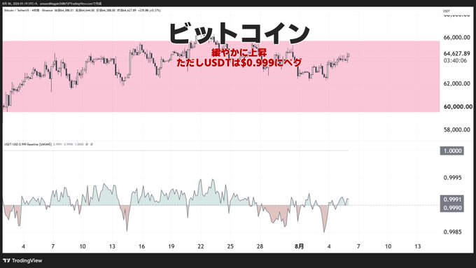 A Bitcoin/USDT chart from TradingView (dated July 28, 2024) shows BTC gradually rising within a 60,000–66,000 range, with Japanese text noting the gradual ascent and that USDP remains stuck at $0.999; the lower USDP/USDT ratio indicator hovering around 0.999 illustrates the post's point that without an improvement in the USDP/USD peg, a full-fledged Bitcoin rebound cannot occur.