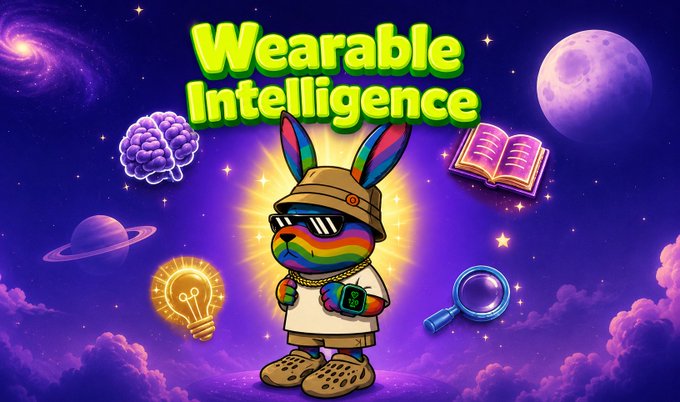 A vibrant illustration featuring a rainbow-faced rabbit character wearing a hat, sunglasses, gold chain, and Yeezy-style boots, titled 'Wearable Intelligence' in bright green text against a cosmic purple background with floating icons of a brain, book, lightbulb, and magnifying glass.