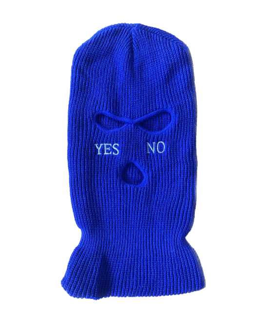A blue knit balaclava with eye and mouth holes, featuring the words 'YES' and 'NO' embroidered above the eye openings.