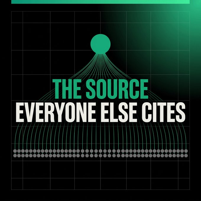 A dark graphic with a glowing green orb and connecting lines features the text 'THE SOURCE EVERYONE ELSE CITES' in bold green and white lettering.