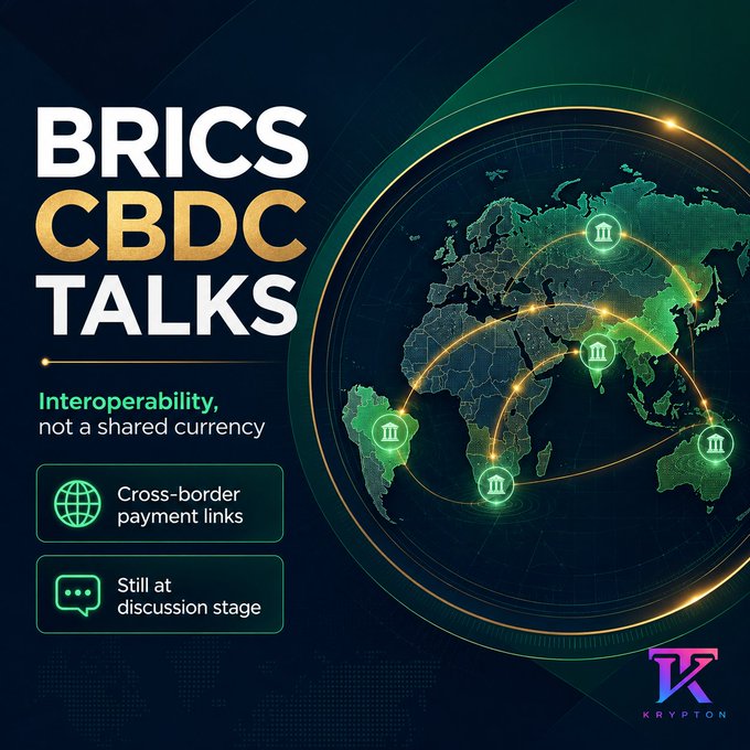 An infographic titled 'BRICS CBDC TALKS' with subtitle 'Interoperability, not a shared currency,' highlighting cross-border payment links and discussion stage status, branded with Krypton logo.