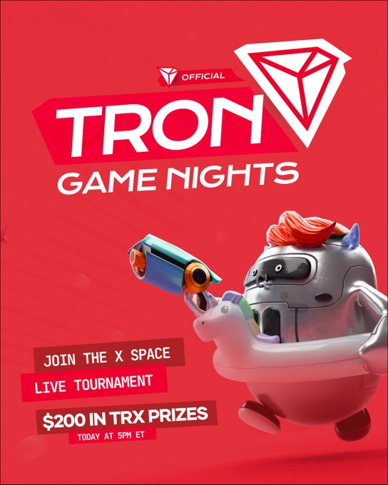 A promotional graphic for the official "TRON Game Nights" featuring a robotic character holding a futuristic blaster, advertising a live X Space tournament today at 5 PM ET with $200 in TRX prizes, which aligns with the accompanying post announcing the Score Milk gaming event with Snake, Candy Rush, Block Puzzle, Gravity Blocks, and TronVerse, plus a Discord invitation link.