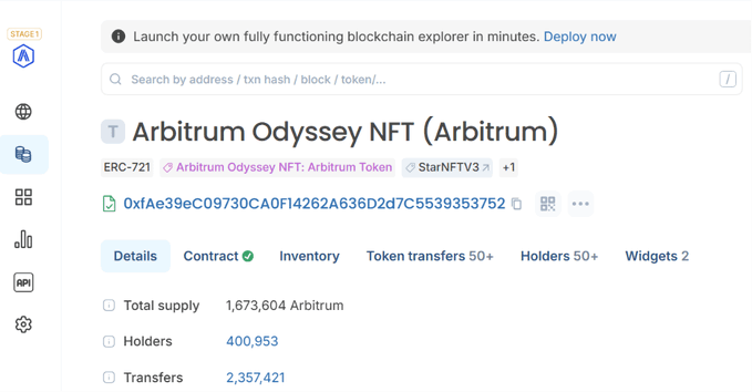 A blockchain explorer page showing details for the Arbitrum Odyssey NFT (Arbitrum), with a total supply of 1,673,604 and 400,953 holders.