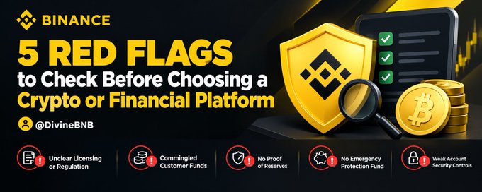 A Binance infographic lists '5 RED FLAGS to Check Before Choosing a Crypto or Financial Platform', including unclear licensing, commingled customer funds, and no proof of reserves.